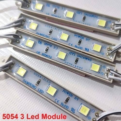 LED Module 5054 3 LED Super Bright Waterproof SMD Light - four white rectangular LED strips connected in a series with visible wiring, Samsung LED branding, and SMD components.