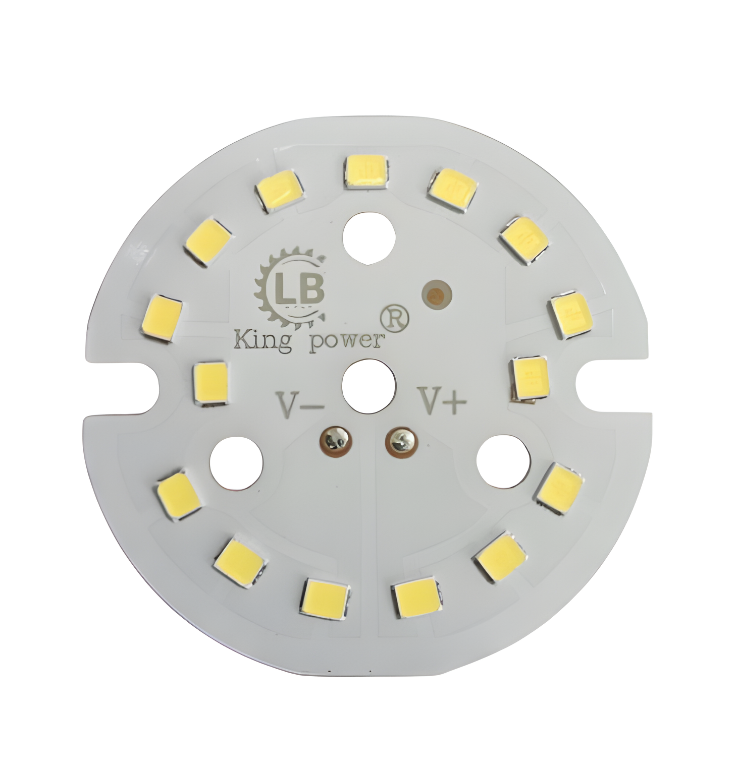LED Panel 12 Watt (4MMX6MM) Works With LED Driver Not On 12V - a circular white PCB featuring fourteen surface-mounted LEDs, two solder pads labeled V- and V+, and mounting holes.