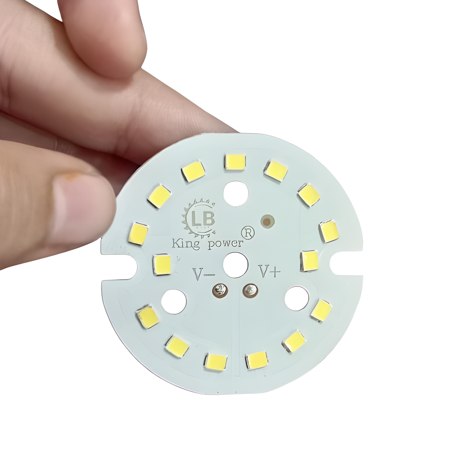 LED Panel 12 Watt (4MMX6MM) Works With LED Driver Not On 12V - a circular white PCB with 12 mounted LEDs, King Power branding, and V+ and V- solder pads held by a hand.