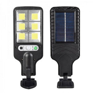 LED Street Light Sensor Street Lamp 616-8 On Solar Battery - two black solar-powered lights, one displaying the LED panel and power button, the other the solar panel.
