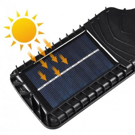 LED Street Light Sensor Street Lamp 616-8 On Solar Battery - shown at an angle with a graphic of the sun casting light onto the integrated solar panel.