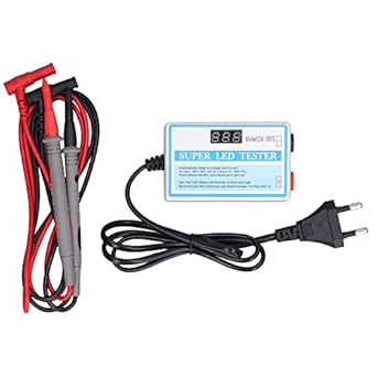 LED Tv Tester CA-300S LED Tv Monitor Laptop Backlight Lamp Tester LED Beads Detect Tool Tester Tool - the white rectangular tester unit with a digital display, power cord with a plug, and a pair of red and black test probes.