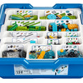 Lego Wedo 2.0 Educational Kit - shown as a blue plastic storage bin with a white sorting tray containing various colourful Lego bricks and components.