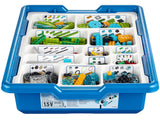Lego Wedo 2.0 Educational Kit - shown as a blue plastic storage bin with a white sorting tray containing various colourful Lego bricks and components.