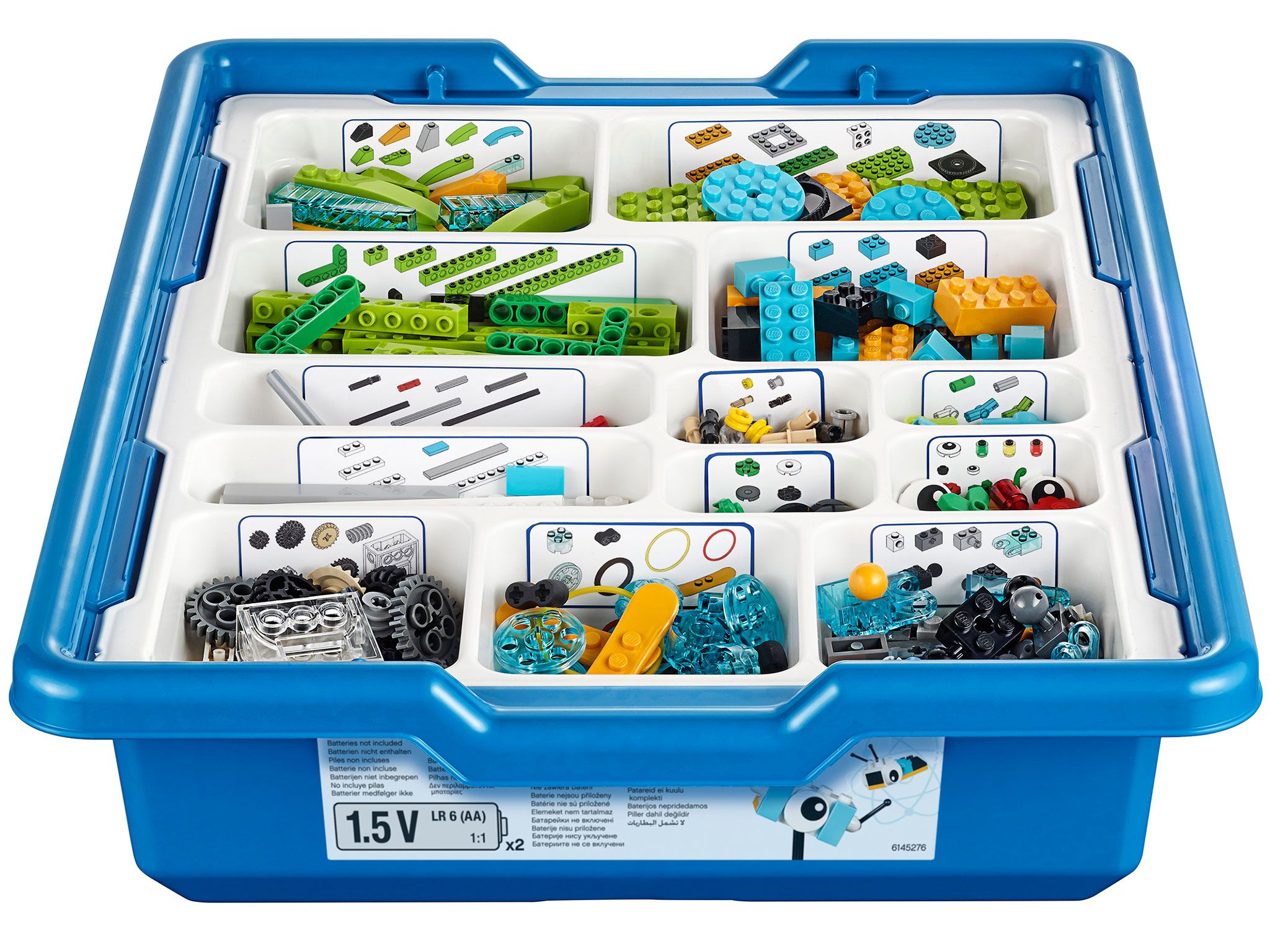 Lego Wedo 2.0 Educational Kit - shown as a blue plastic storage bin with a white sorting tray containing various colourful Lego bricks and components.
