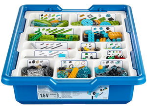 Lego Wedo 2.0 Educational Kit - shown as a blue plastic storage bin with a white sorting tray containing various colourful Lego bricks and components.