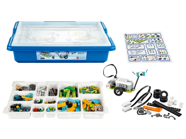 Lego Wedo 2.0 Educational Kit - a blue storage box, a white sorting tray with assorted plastic bricks, a sensor, a motor, and a parts sticker sheet.