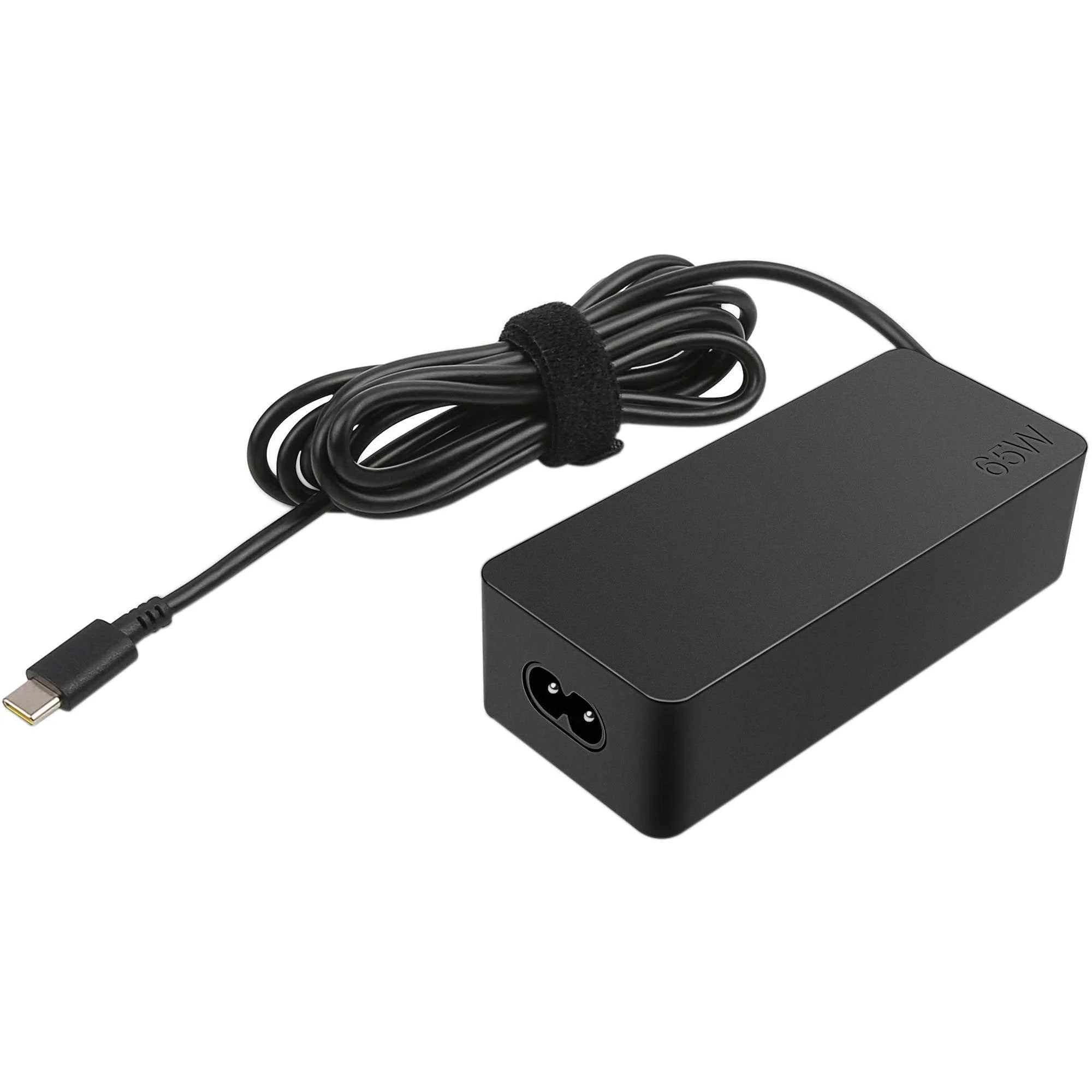 Lenovo 65W Standard AC Adapter (USB Type-c) With Power Cable - a black power brick with a USB-C connector, a two-pin power input port, and a coiled power cable.
