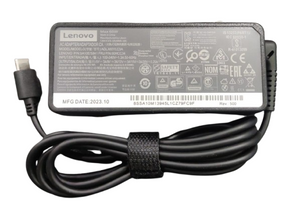 Lenovo 65W Standard AC Adapter (USB Type-c) With Power Cable - black rectangular power brick, a USB-C connector, and a coiled black power cable.