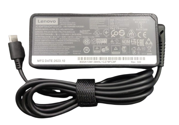 Lenovo 65W Standard AC Adapter (USB Type-c) With Power Cable - black rectangular power brick, a USB-C connector, and a coiled black power cable.