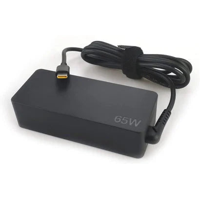 Lenovo 65W Standard AC Adapter (USB Type-c) With Power Cable - a black rectangular power brick with a USB Type-C connector and an attached power cable with a hook-and-loop strap.