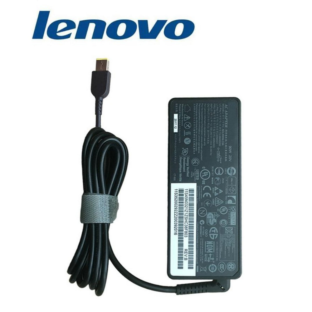 Lenovo Laptop Charger 90W 20V 4.5A USB Slim Tip Power Adapter - a black power brick with a coiled cable and a yellow-tipped rectangular connector.