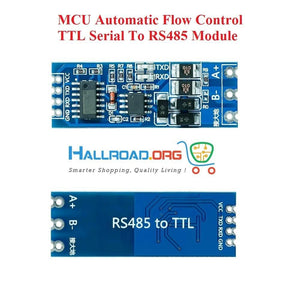 Level Conversion Serial Port TTL To RS485 To Serial Port UART Module MCU Automatic Flow Control - top and bottom views of the blue circuit board with VCC, TXD, RXD, GND, A+, and B- terminal pins.