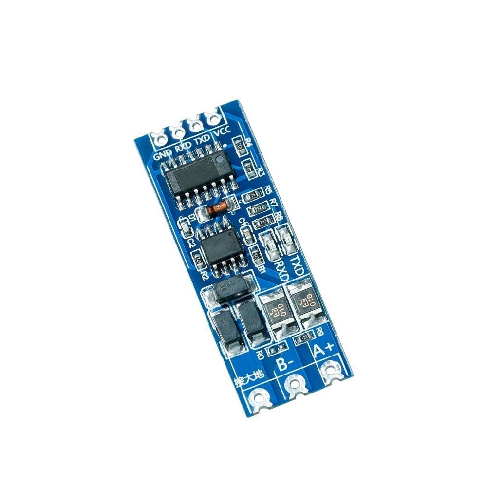 Level Conversion Serial Port TTL To RS485 To Serial Port UART Module MCU Automatic Flow Control - a blue rectangular circuit board featuring four top pins labeled GND, RXD, TXD, VCC and three bottom pins A+, B-, GND.