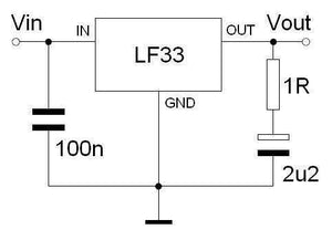 LF33 3.3V Low Dropout Regulator - the component connected to a 100n capacitor, a 2u2 capacitor, and a 1R resistor.