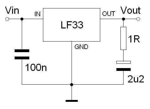 LF33 3.3V Low Dropout Regulator - the component connected to a 100n capacitor, a 2u2 capacitor, and a 1R resistor.