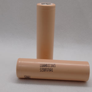 LGAAHD2C1865 3.7V 2100mAh High-drain 18650 Li-ion Battery - two cylindrical peach-colored cells with printed model numbers and a QR code on a white background.