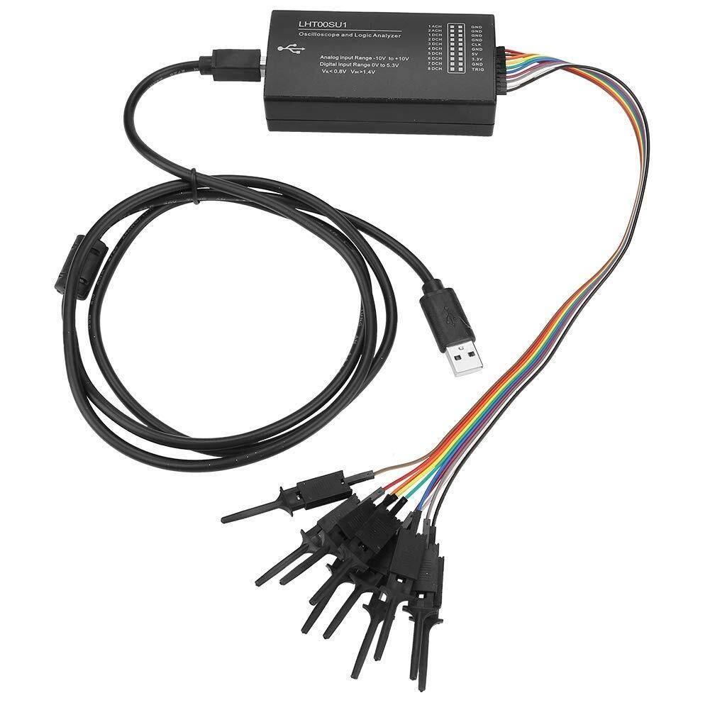 LHT00SU1 Virtual Oscilloscope Logic Analyzer I2c SPI Can UART Full-featured Signal Generator With 16MHz Max Sampling Rate - black rectangular main unit, a USB cable, and a multi-colored wire harness with test clips.