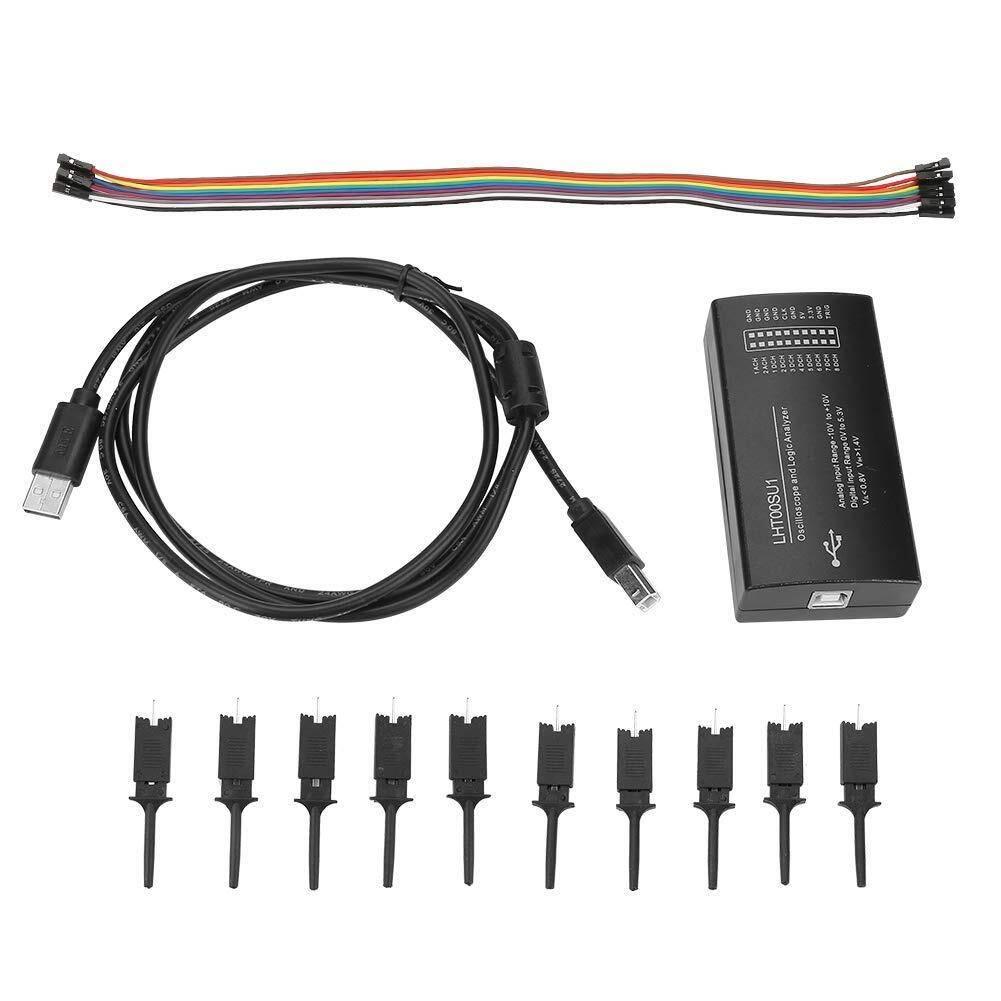 LHT00SU1 Virtual Oscilloscope Logic Analyzer I2c SPI Can UART Full-featured Signal Generator With 16MHz Max Sampling Rate - and Logic Analyzer kit contents including a black device, USB cable, ribbon cable, and ten individual test hooks.