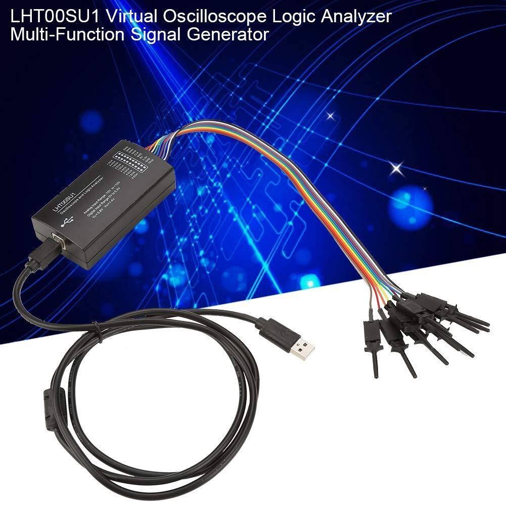 LHT00SU1 Virtual Oscilloscope Logic Analyzer I2c SPI Can UART Full-featured Signal Generator With 16MHz Max Sampling Rate - a black rectangular device with a USB port, a multi-colored ribbon cable, and test hooks.