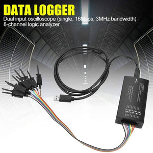 LHT00SU1 Virtual Oscilloscope Logic Analyzer I2c SPI Can UART Full-featured Signal Generator With 16MHz Max Sampling Rate - LHT00SU1 data logger shows a black rectangular device with a USB cable and a multi-colored wire harness with eight individual hook clips.