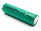 Li-ion 18650 2200mAh Rechargeable Battery Cell (SF 18650NR-22) - a green cylindrical battery with printed text, a barcode, and recycling symbols.