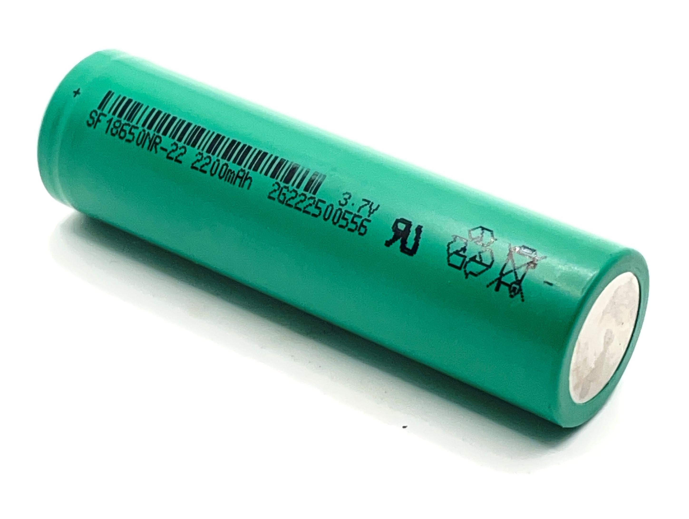 Li-ion 18650 2200mAh Rechargeable Battery Cell (SF 18650NR-22) - a green cylindrical battery with printed text, a barcode, and recycling symbols.