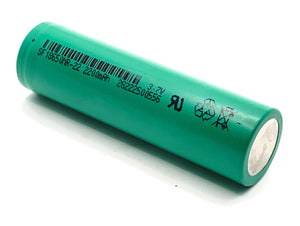 Li-ion 18650 2200mAh Rechargeable Battery Cell (SF 18650NR-22) - a green cylindrical battery with printed text, a barcode, and recycling symbols.