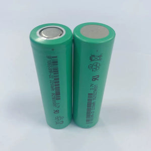 Li-ion 18650 2200mAh Rechargeable Battery Cell (SF 18650NR-22) - two green cylindrical batteries standing upright showing printed text and barcodes.