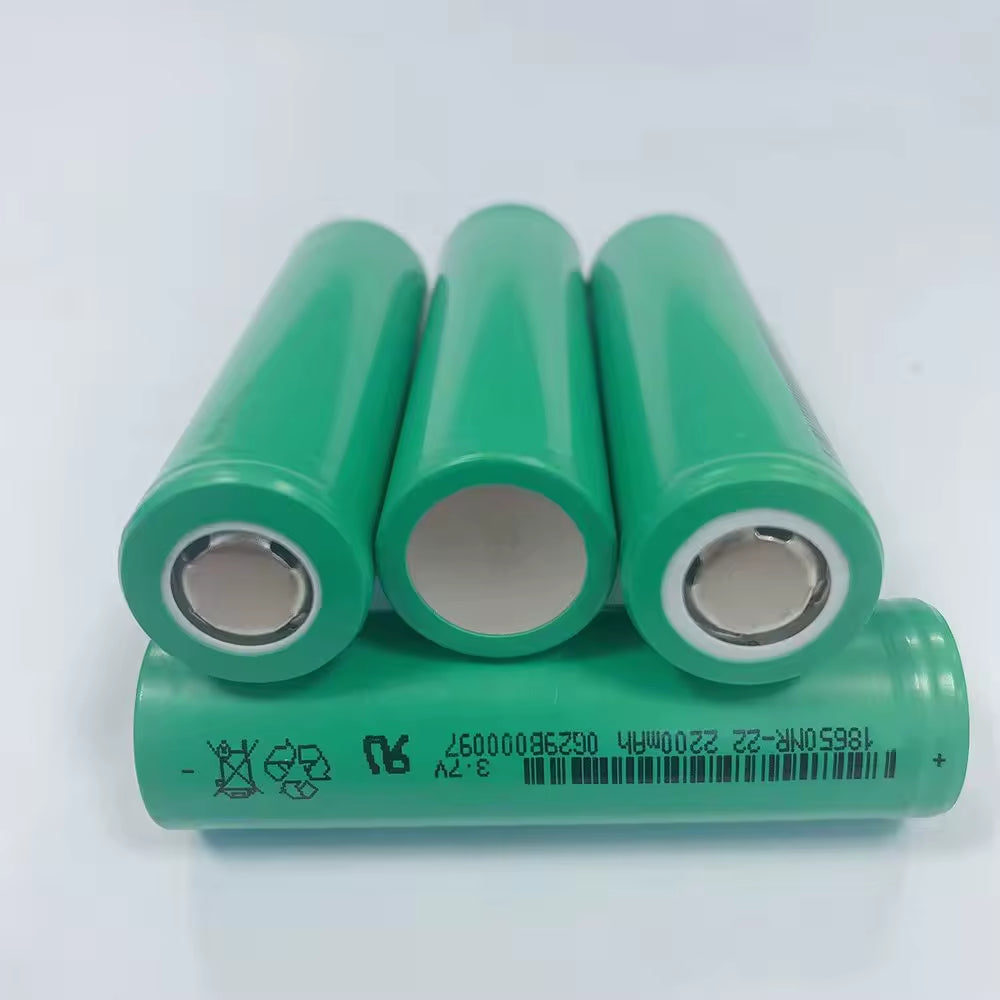 Li-ion 18650 2200mAh Rechargeable Battery Cell (SF 18650NR-22) - three green cylindrical batteries arranged with one horizontal and two vertical.