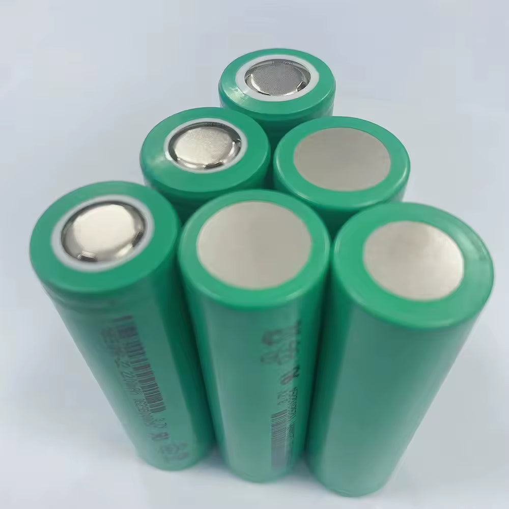 Li-ion 18650 2200mAh Rechargeable Battery Cell (SF 18650NR-22) - a cluster of six green cylindrical batteries standing upright on a white surface.