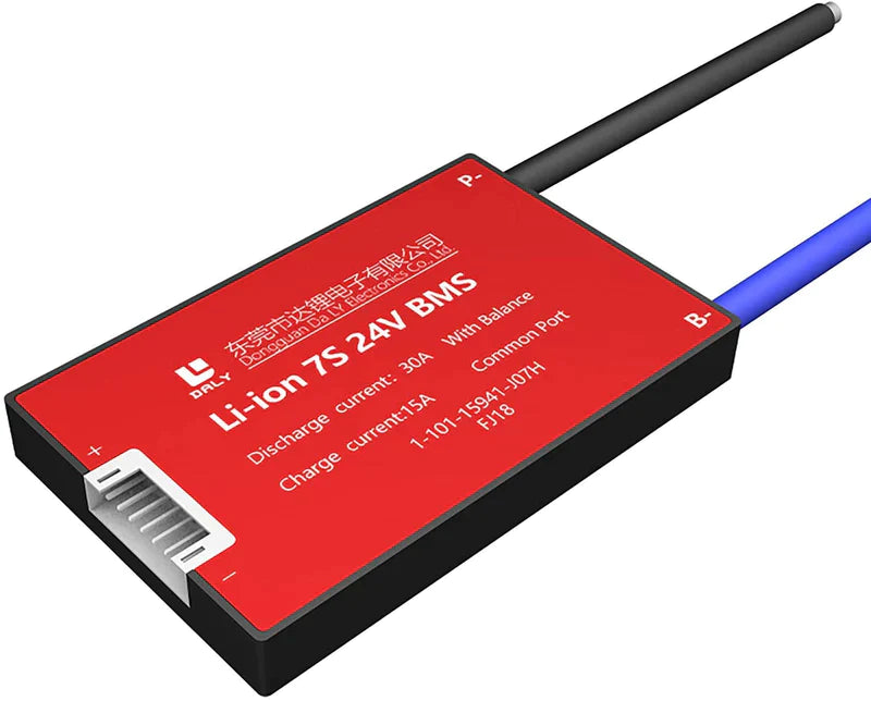 Li-ion 7s 24V Discharge 30A Charge 15A Lithium Battery Protection Board With Balance Pcm BMS - a red rectangular battery protection board with a white balance connector port, a black wire, a blue wire, and printed specifications.