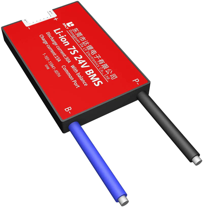 Li-ion 7s 24V Discharge 30A Charge 15A Lithium Battery Protection Board With Balance Pcm BMS - a rectangular red and black battery protection board featuring a white connector port and two thick blue and black wire leads.