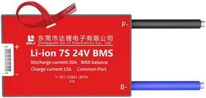 Li-ion 7s 24V Discharge 30A Charge 15A Lithium Battery Protection Board With Balance Pcm BMS - a rectangular red battery protection board with a balance cable, a white connector, and black P- and blue B- wires on the side.