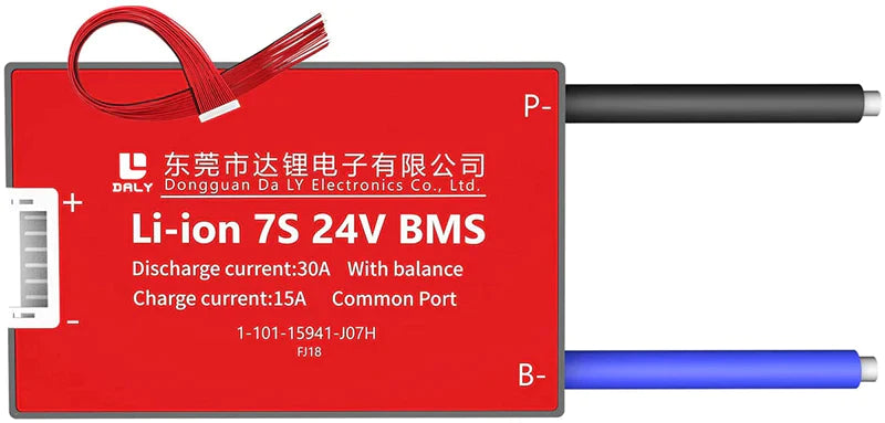 Li-ion 7s 24V Discharge 30A Charge 15A Lithium Battery Protection Board With Balance Pcm BMS - a rectangular red battery protection board with a balance cable, a white connector, and black P- and blue B- wires on the side.