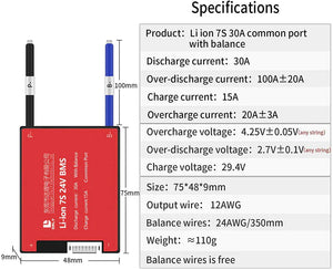 Li-ion 7s 24V Discharge 30A Charge 15A Lithium Battery Protection Board With Balance Pcm BMS - a red rectangular battery protection board with two output wires, a connector port, and a table listing technical specifications.