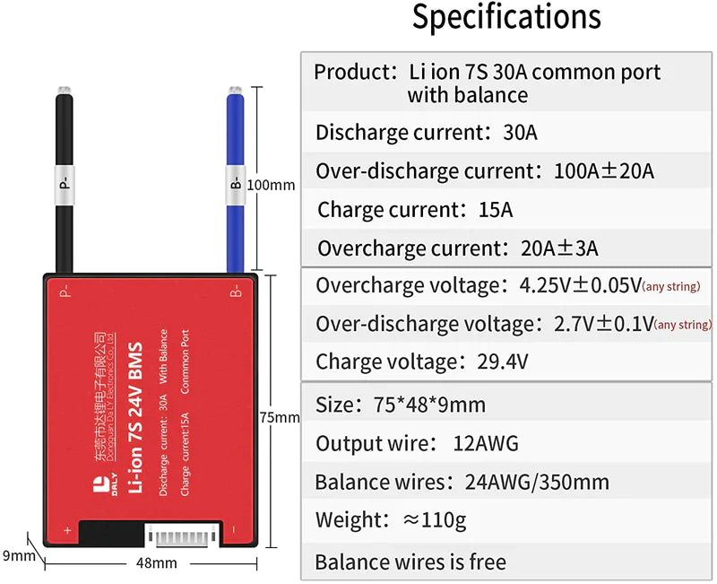 Li-ion 7s 24V Discharge 30A Charge 15A Lithium Battery Protection Board With Balance Pcm BMS - a red rectangular battery protection board with two output wires, a connector port, and a table listing technical specifications.