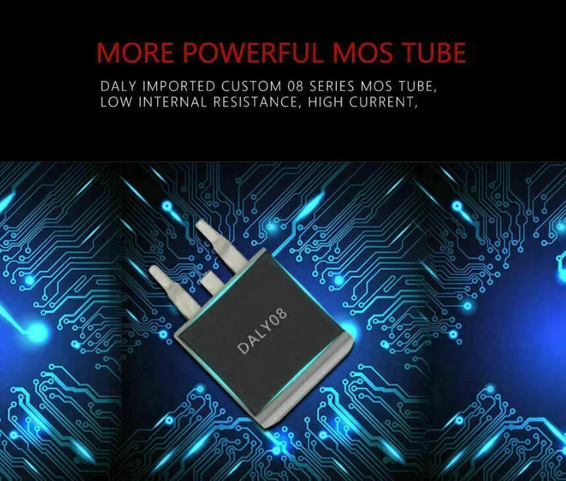 Li-ion 7s 24V Discharge 30A Charge 15A Lithium Battery Protection Board With Balance Pcm BMS - a close-up of a black DALY08 MOS tube component with three metal pins, set against a blue digital circuit board background.