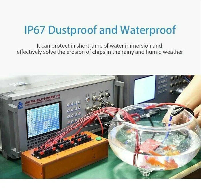 Li-ion 7s 24V Discharge 30A Charge 15A Lithium Battery Protection Board With Balance Pcm BMS - submerged in a glass bowl of water connected to a testing device with a screen.