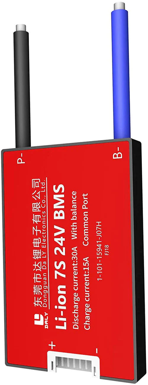 Li-ion 7s 24V Discharge 30A Charge 15A Lithium Battery Protection Board With Balance Pcm BMS - a rectangular red battery protection board with two wire leads, a white multi-pin connector, and printed technical specifications.