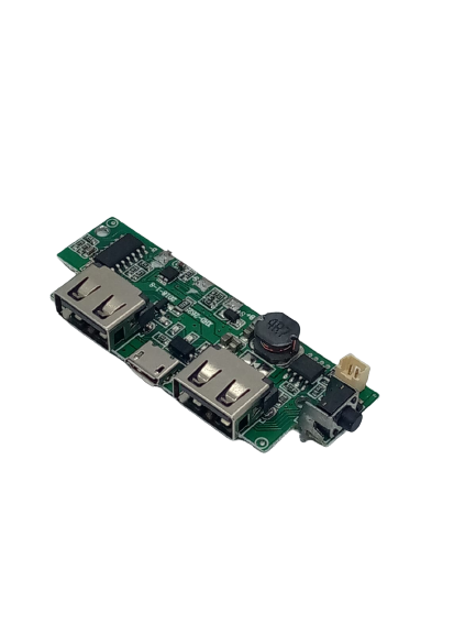 Li-ion Lithium 5V 2A 18650 3.7V Battery Charger Charging Module DIY Power Bank - a green circuit board with two USB ports, a micro USB port, and a button.