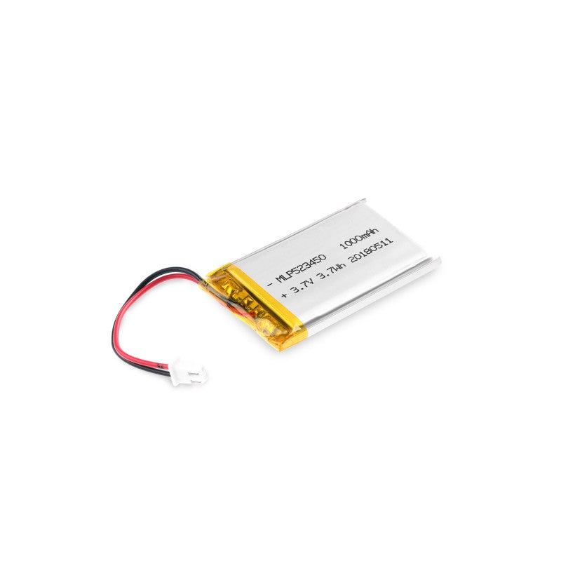 Li-Polymer Battery 3.7V 1000mAh - a rectangular silver battery with yellow tape, red and black wires, and a white two-pin connector on a white background.