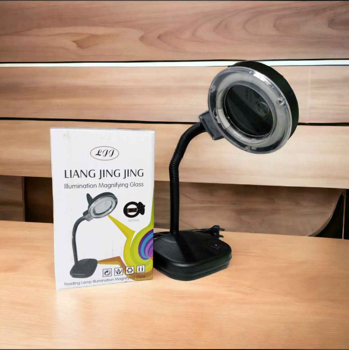 Liang Jing Jing illumination Magnifying glass table Lamps price - black flexible neck desk lamp with a circular light, standing next to its retail box.