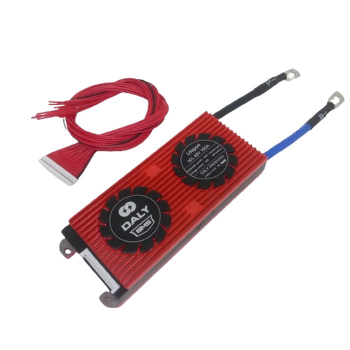 LiFePO4 16S 48V 100A DC Daly BMS - a red rectangular battery management system with two circular fan covers and a red multi-wire connector cable.