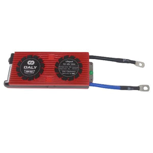 LiFePO4 16S 48V 100A DC Daly BMS - shown as a red rectangular module with two circular labels, a green indicator light, and two black cables with ring terminals.
