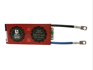LiFePO4 16S 48V 100A DC Daly BMS - a red rectangular unit with two circular fan-style vents, featuring black and blue cables with metal ring terminals.