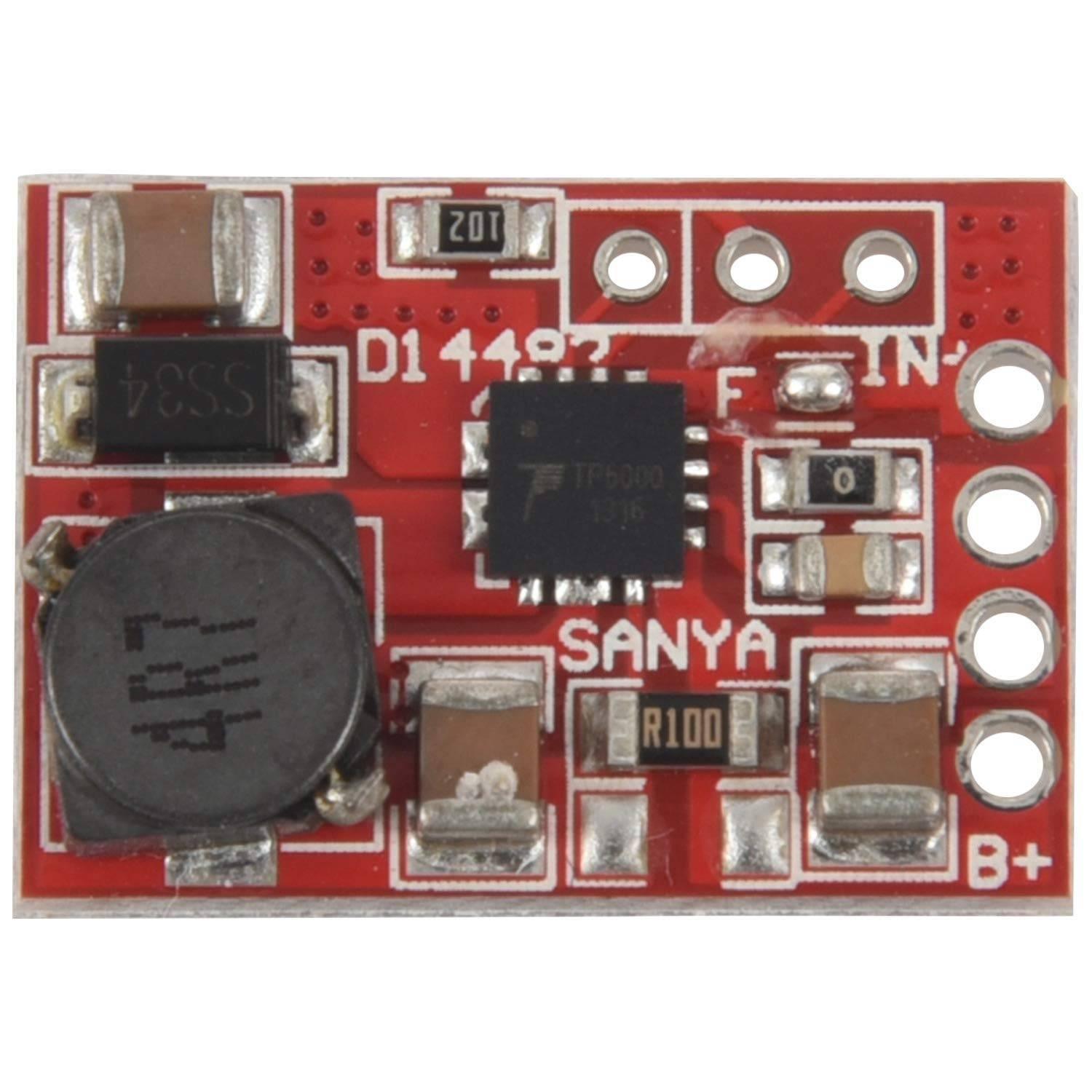 LiFePO4 TP5000 Lithium Iron Phosphate Battery Charger 3.2V Cell Charger - a rectangular red printed circuit board with an integrated chip, inductor, and labeled connection pads.