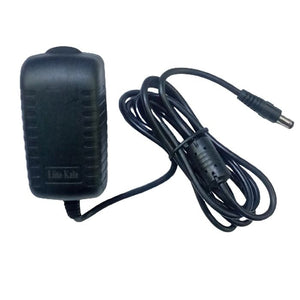Liitokala 12V 2A 18650 Lithium Battery Charger With DC Plug - a black power adapter with a long cable, a ferrite bead, and a DC barrel connector.
