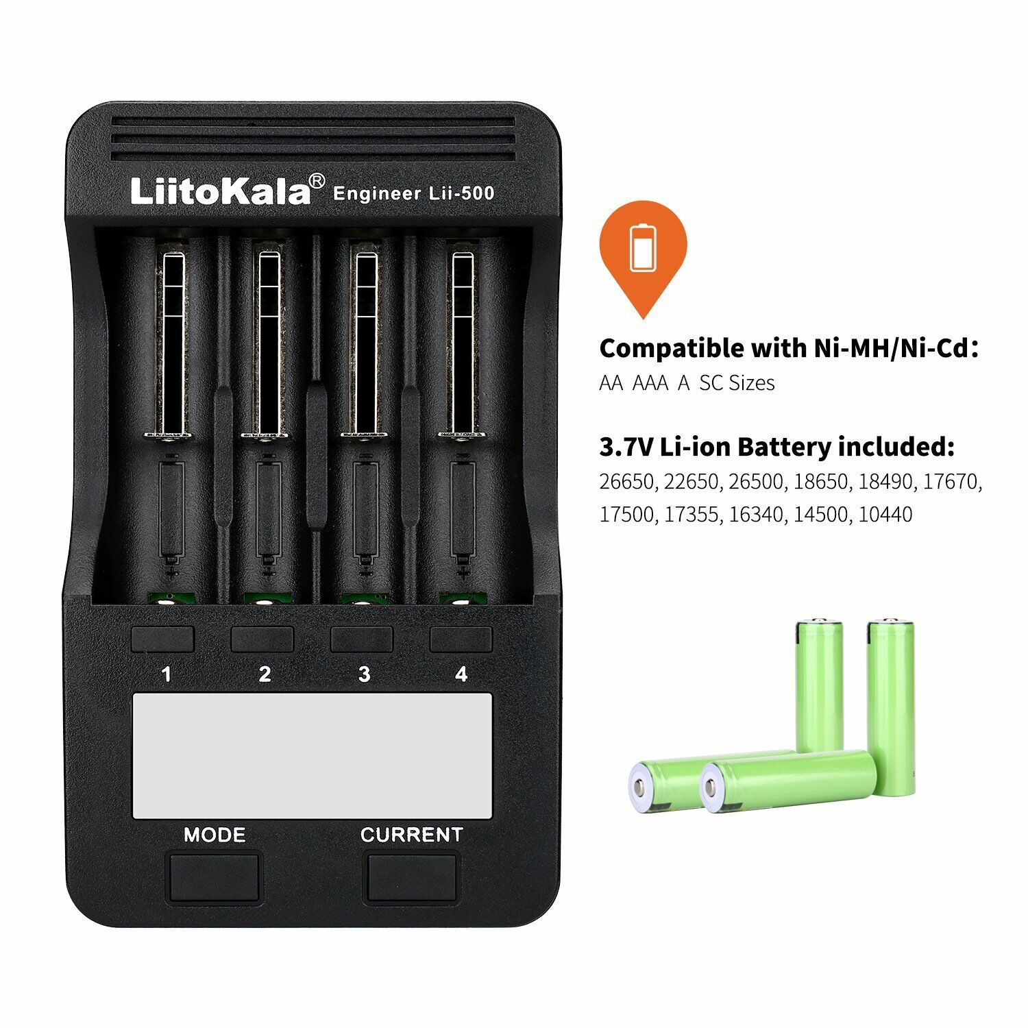 Liitokala Lii-500 LCD Display 18650/26650 Speedy Rechargeable Lithium Battery Charger with Adaptor - a black four-slot device with a blank LCD screen, mode and current buttons, and four green cylindrical batteries.