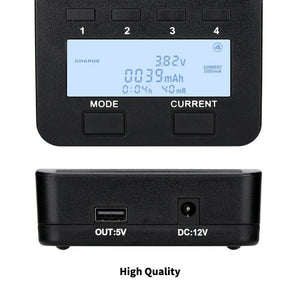 Liitokala Lii-500 LCD Display 18650/26650 Speedy Rechargeable Lithium Battery Charger with Adaptor - a black unit with an LCD screen displaying charging data, control buttons, and a side panel with DC and USB ports.